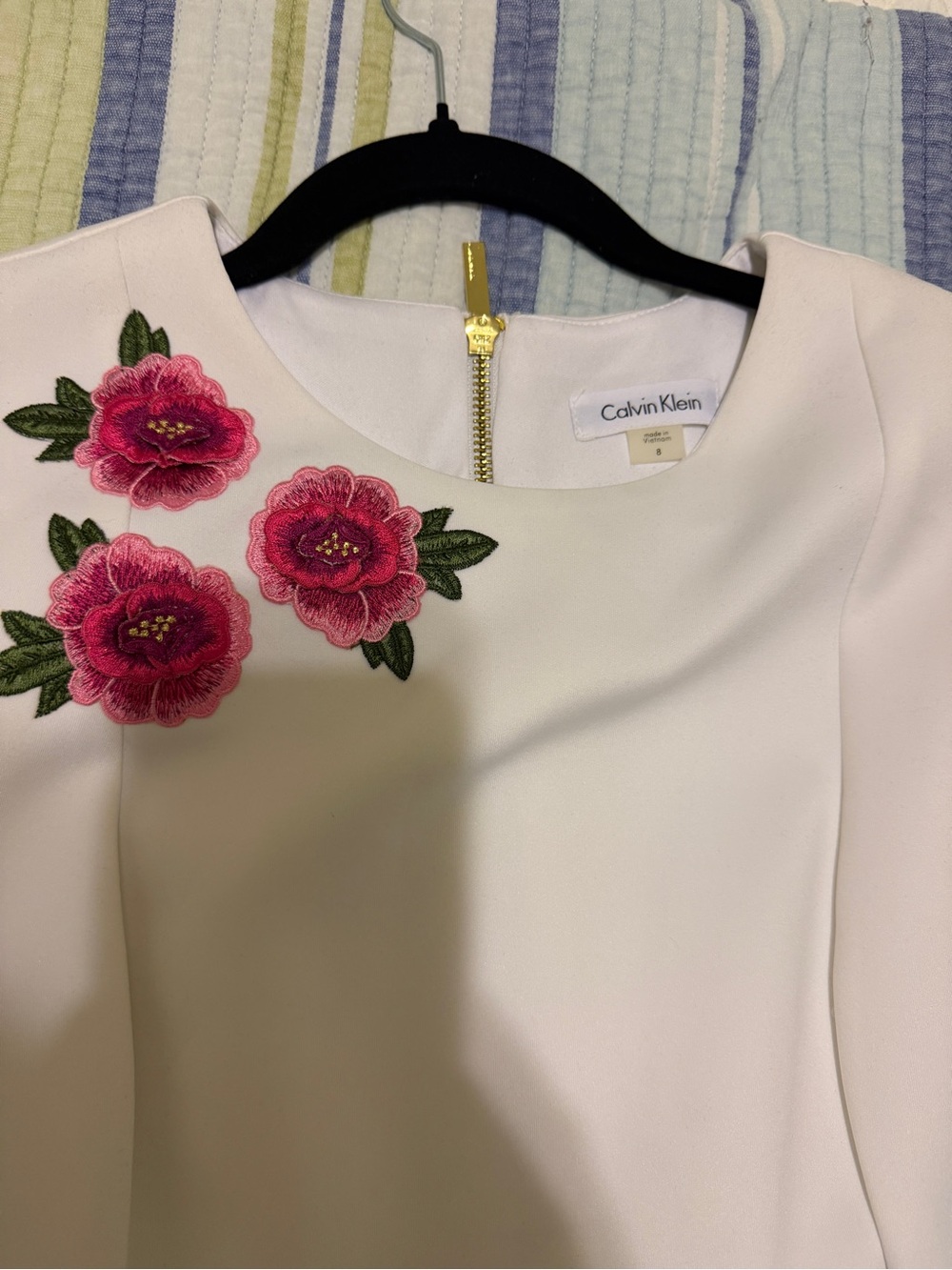 Calvin Klein White Midi Dress with Pink Floral Appliqué